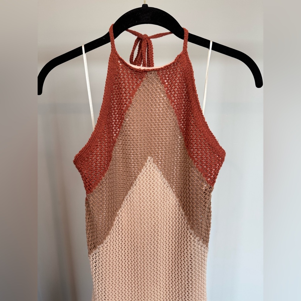 Lulu's Cancun Calling Taupe Multi Crochet Halter Midi Sweater Dress Small NWT - Picture 7 of 10